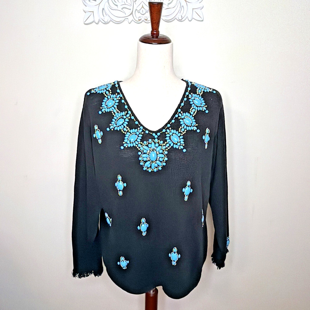 ARRIVISTE Women's size MEDIUM Knit Top Southwestern Artisan Embellished BLACK